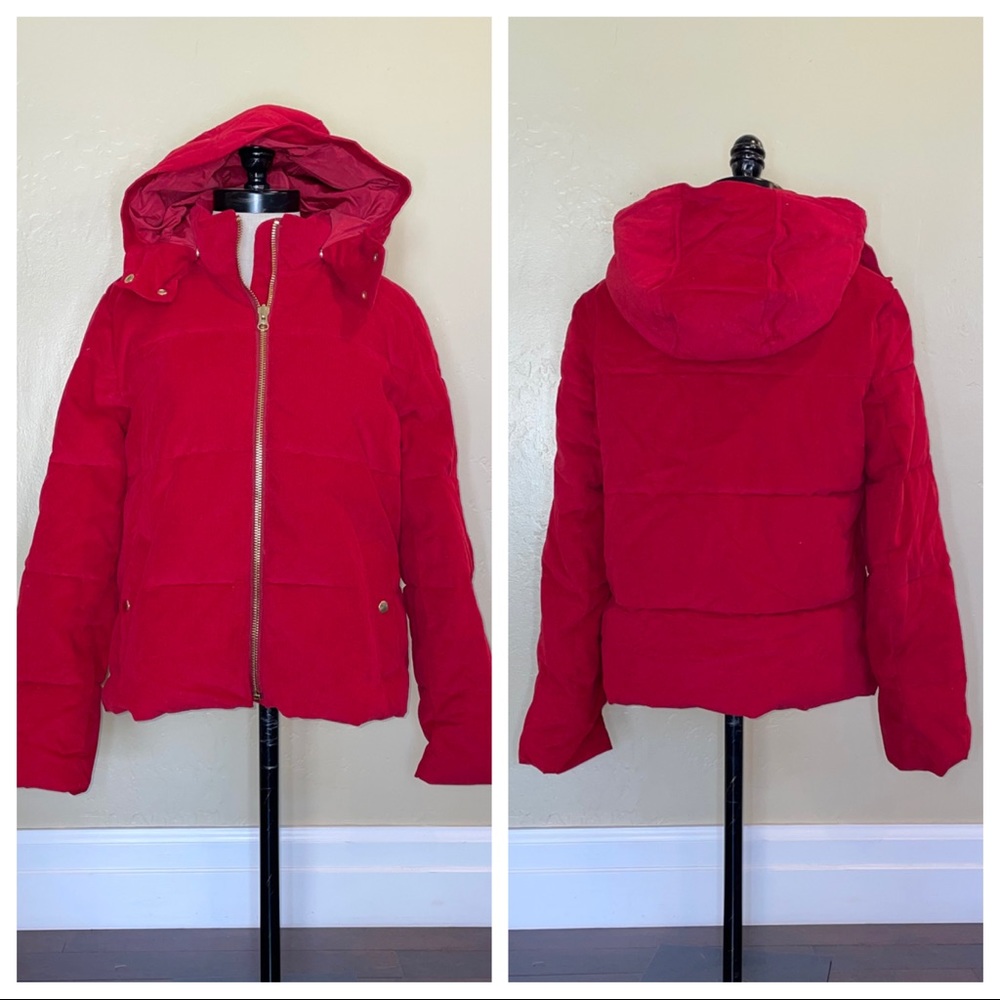 J Crew Corduroy Puffer Jacket Removable Hood Red Size Medium